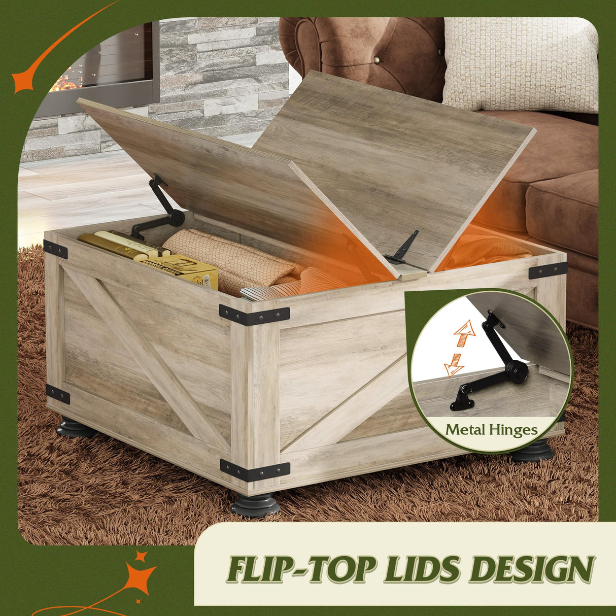 WLIVE Coffee Table, Farmhouse Flip Top Coffee Table with Storage, Square Center Table for Living Room, Bedroom and Office, Grey Oak WLIVE