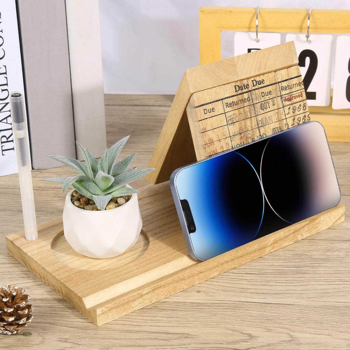 Wooden Triangle Book Stand with Drink Holder, Library Card Design Book Holder Page Rest, Night Stand Book Holder with Pen Slot, Gift for Book Lovers, Readers, Librarians, Writers Tanfeine