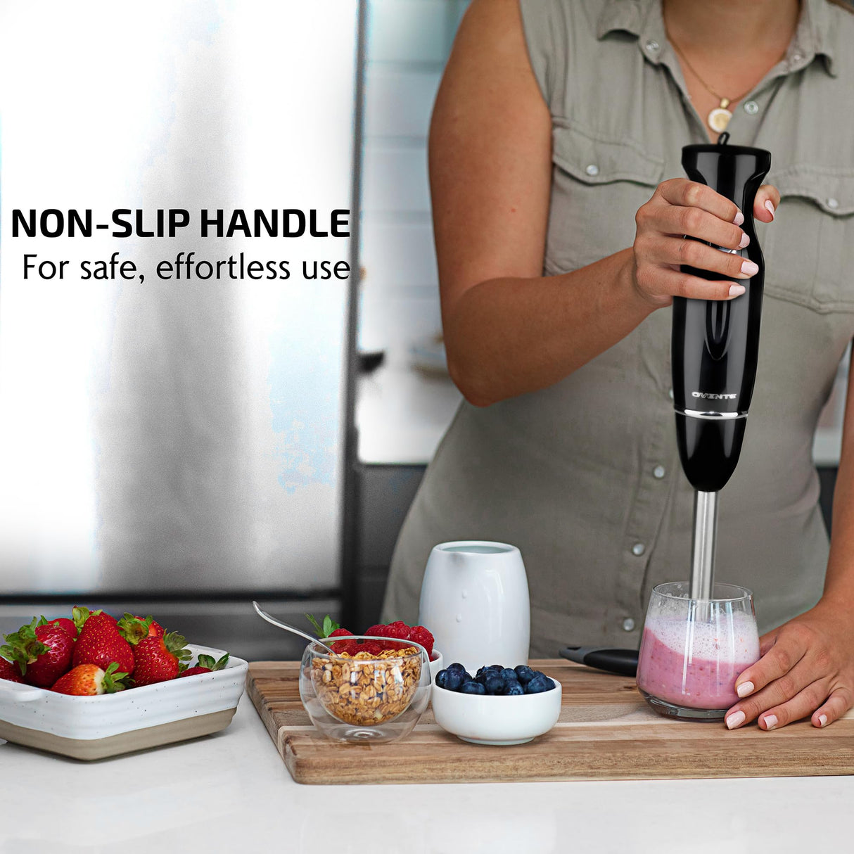 OVENTE Electric Immersion Hand Blender 300 Watt 2 Mixing Speed with Stainless Steel Blades, Powerful Portable Easy Control Grip Stick Mixer Perfect for Smoothies, Puree Baby Food & Soup, Black HS560B OVENTE