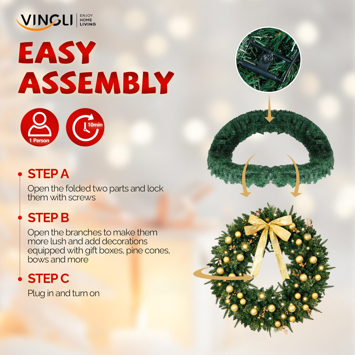 VINGLI 36 Inch Prelit Christmas Wreath, Lighted Christmas Wreath for Front Door, Window, Fireplaces, Indoor Decorate, with 100 LED Lights, 350 Tips, Bow, Pine Cones, Gold Ornaments (Plug-in) VINGLI