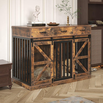 Saudism 2-in-1 Farmhouse Dog Crate Furniture - Wooden Large Dog Kennel with Drawers Storage - Double Doors - Indoor TV Stand - Inner Height: 24 Inches - Ideal for One Big Dog or Two Small Dogs