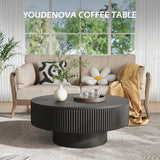 YOUDENOVA 31.5” Round Fluted Coffee Table, Modern Wood Circle Coffee Table, Veneer Handcrafted Relief Tea Table with Sturdy Pedestal for Living Room，Easy Assembly - Black YOUDENOVA