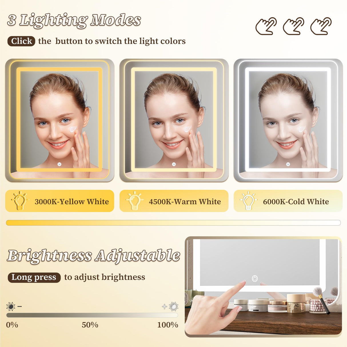 EnHomee Farmhouse Vanity Desk with LED Lighted Mirror, Makeup Vanity Table with RGB Cabinets and Lots Storage, 5 Drawers and 6 Storage Shelves for Bedroom and Dressing Room, White EnHomee