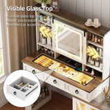 MDGC 60" W Farmhouse Makeup Vanity Desk with Sliding Mirror and Lights, Charging Glass Top Large Vanity Table with Jewelry Storage,Vanity Set with 6 Drawers,10 Shelves,Side Storage Cabinet,White MDGC