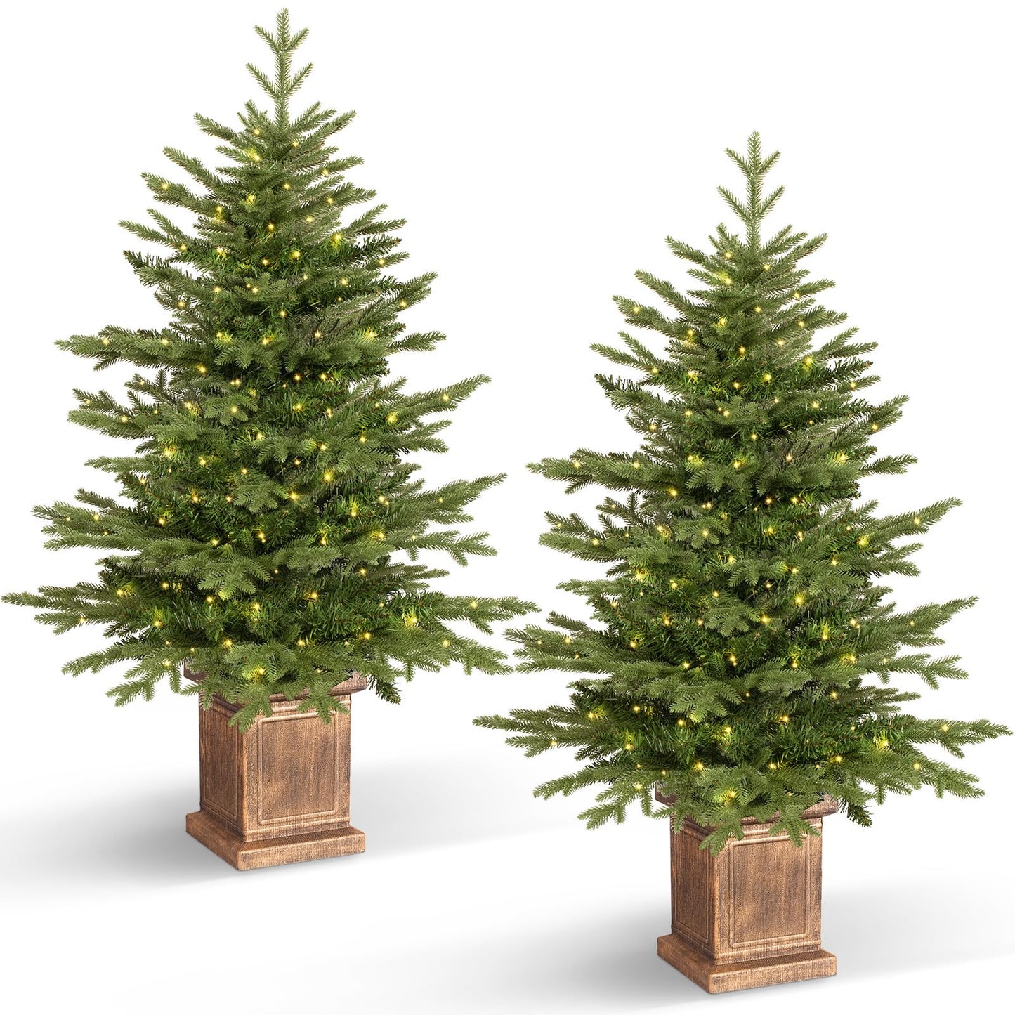 Jin&Bao 4FT Potted Christmas Tree with 100 Lights, Artificial Christmas Tree Outdoor Decor 8 Mode Timer Waterproof with Real-Like Tips & Round Branches for Front Door, Porch, 2 Pack