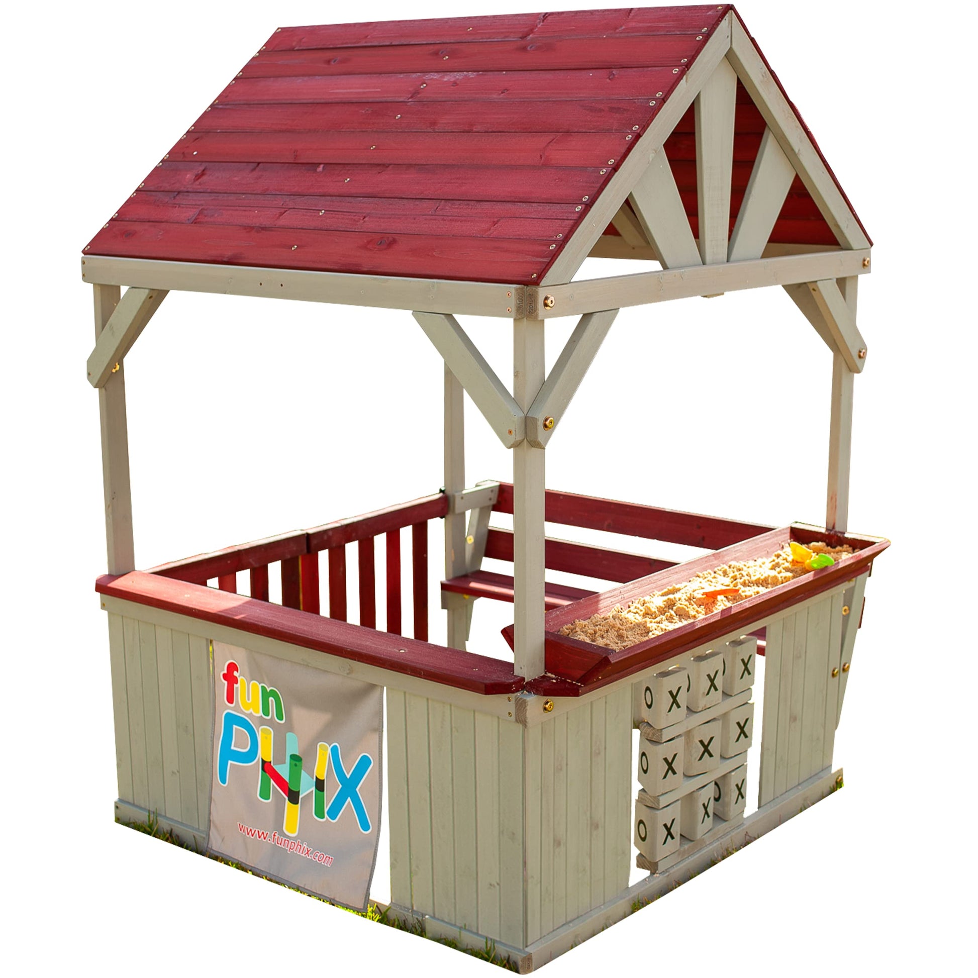 Wooden Playhouse for Kids Outdoor - Funphix Backyard Playhouse with Bench, Sandbox, Tic Tac Toe, Roof, & Doors - ASTM Certified & Easy to Assemble - WoodArtSupply