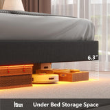Floating Bed Frame King Size with LED Lights & Private Storage Headboard, King Floating Bed with Charging Station, Fabric Platform Bed, No Box Spring Needed, Noise-Free, Dark Gray BYSAUD
