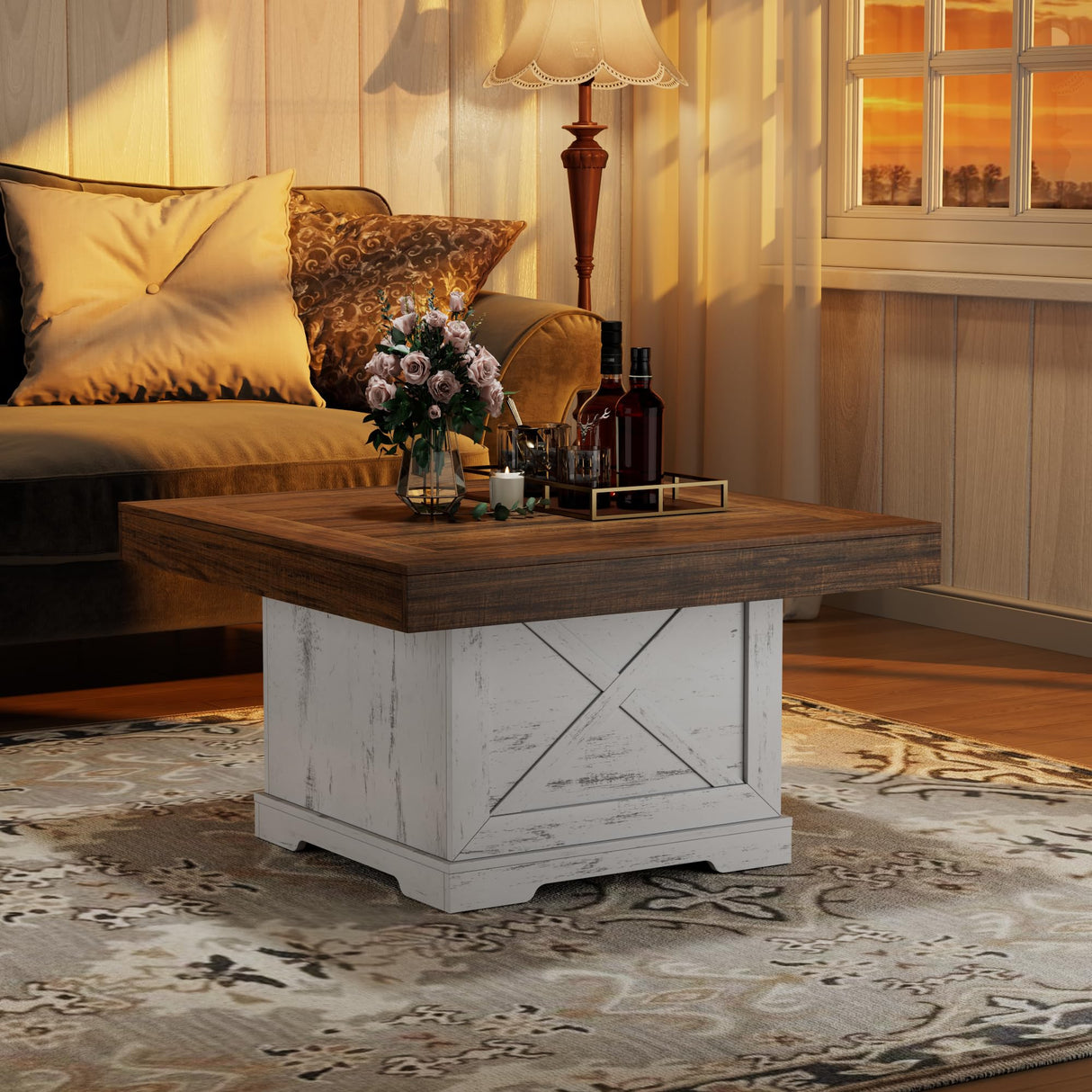 Lareth Coffee Table 31.5 in Farmhouse Center Table with X Design Wooden Pedestal for Living Room, Small Square Home Office Tea Accent Table for Dining Room Apartment, Antique White Lareth