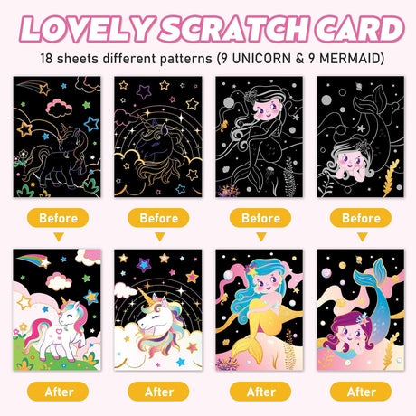 Unicor Scratch Art Kit for Kids - 30 Pcs Magic Scratch Off Paper for Girls Unicorn Mermaid Theme Art Supplies Colorful Drawing Art Craft with Wooden Stylus Kids Activities Party Birthday Gift WERNNSAI