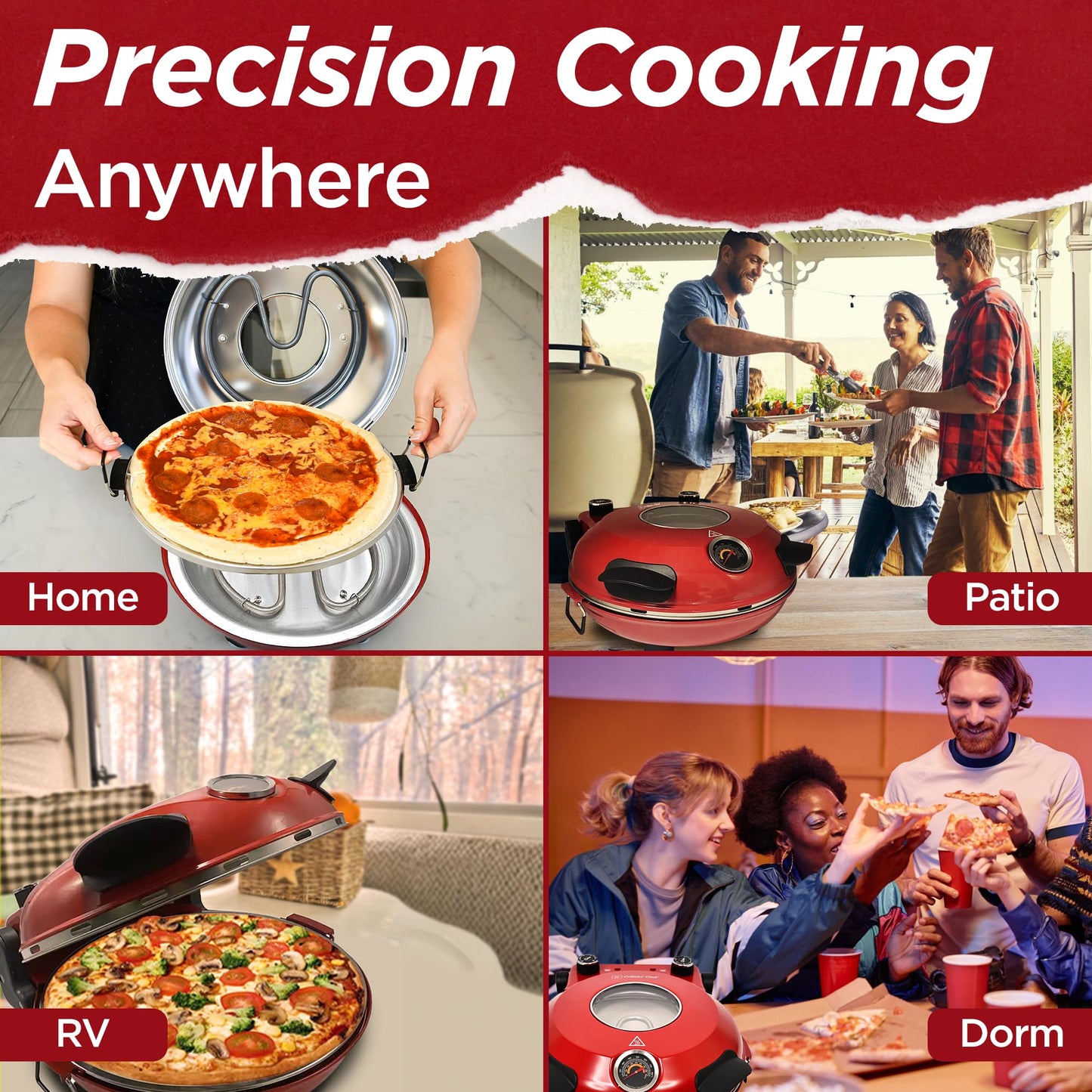 CULINARY CHEF Electric Pizza Oven with Ceramic Stone, Viewing Window, Adjustable Heat Control, Timer and 1200W Baking Power, DIY Homemade Pizzeria, Large 12” Pie Capacity (Red)