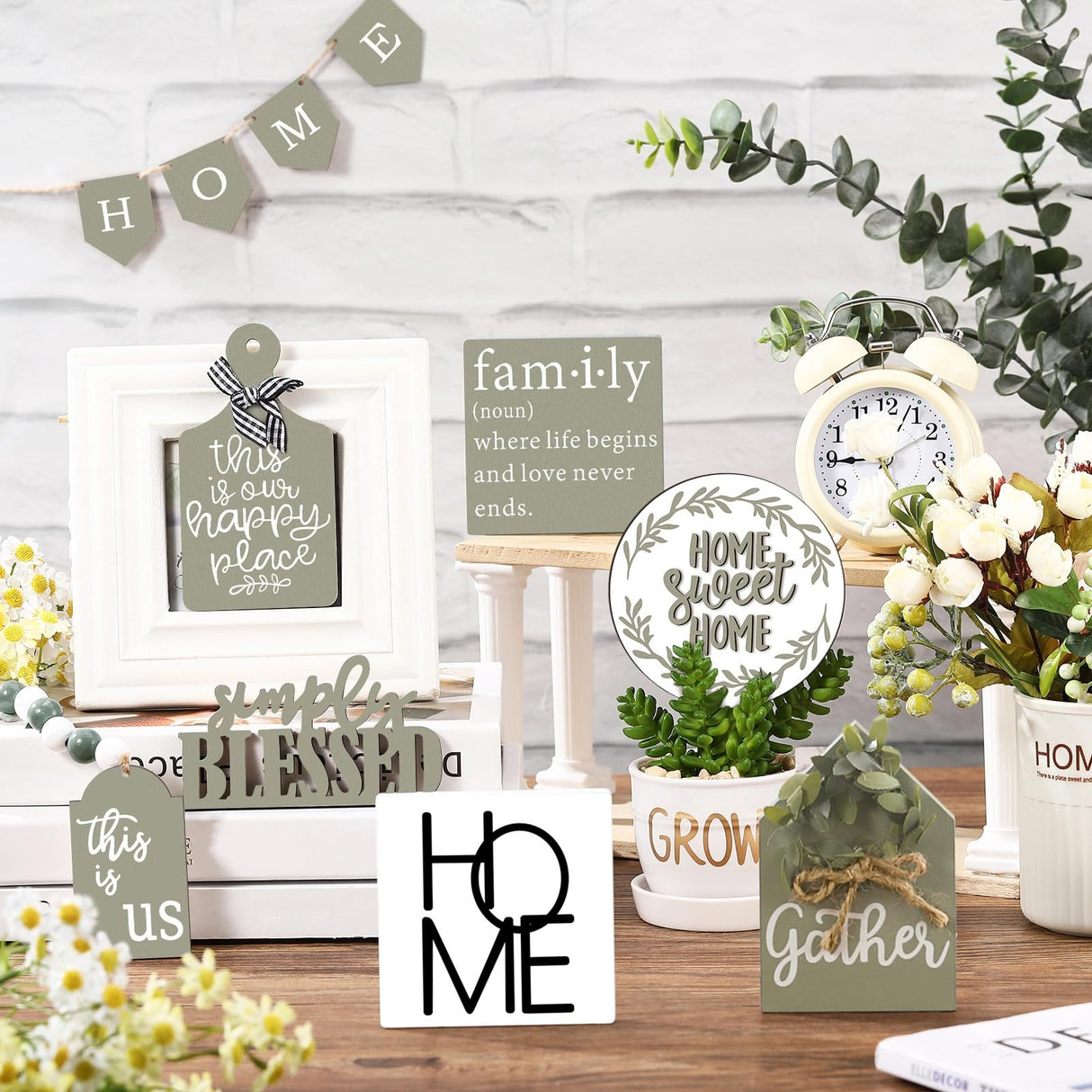 Two Tiered Tray with 11 Pcs Wooden Signs, Farmhouse Tiered Tray Decor Set Rustic Wood Home Kitchen Table Stand Decor Decorative Table Shelf Centerpiece(Stylish Style) Patelai