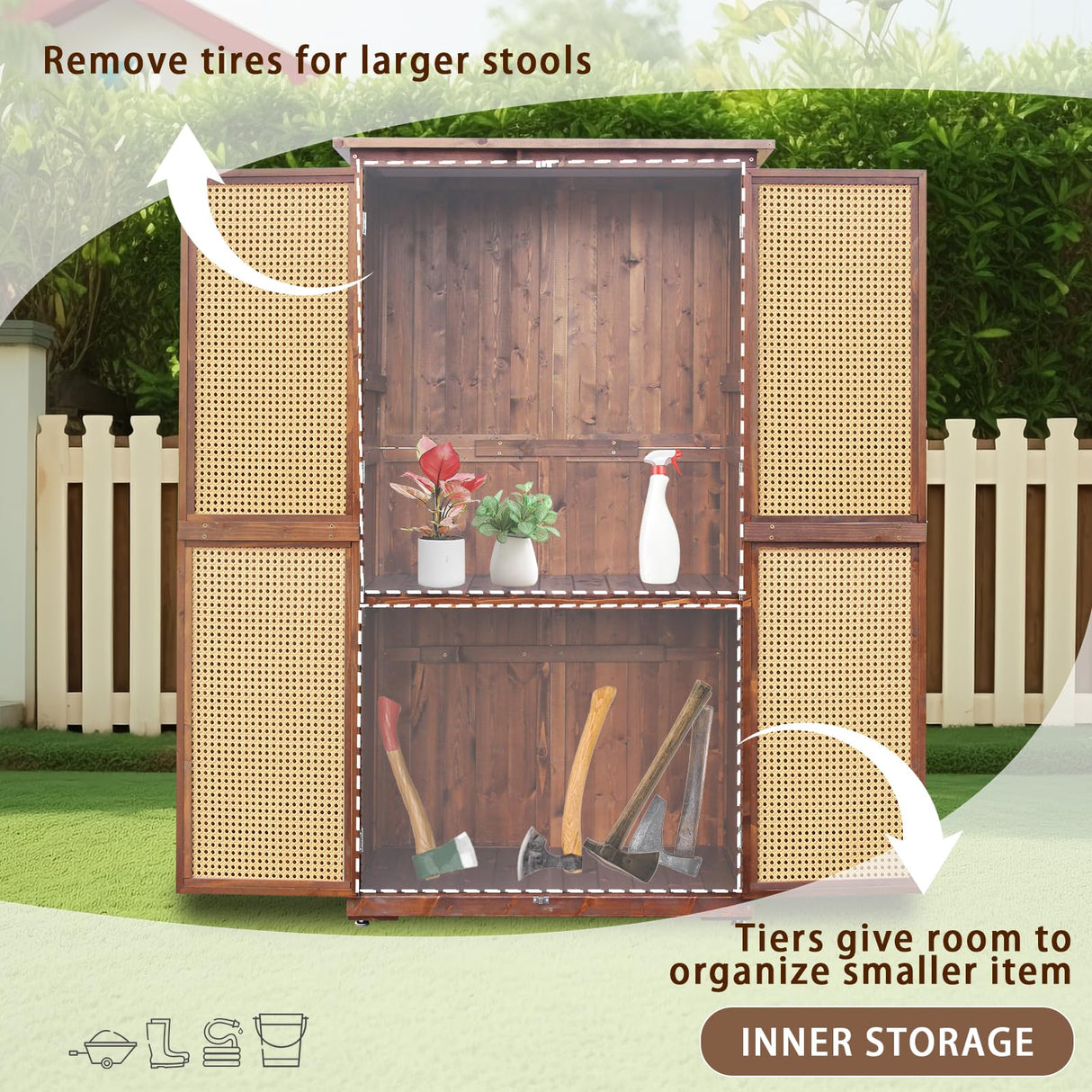 YTGLEN 60 Inches Outdoor Storage Shed, Wood Shed with Rattan Indoor Storage Cabinet with Floor, Adjustable Shelves for Patio, Garden,Lawn and Living Room, Carbonized Black YTGLEN