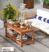Giantex Hardwood Patio Coffee Table - 2-Tier Wooden Coffee Table with Slatted Tabletop & Storage Shelf, Outdoor Rectangular Center Table for Backyard, Garden, Poolside, Balcony & Indoor, Walnut Giantex