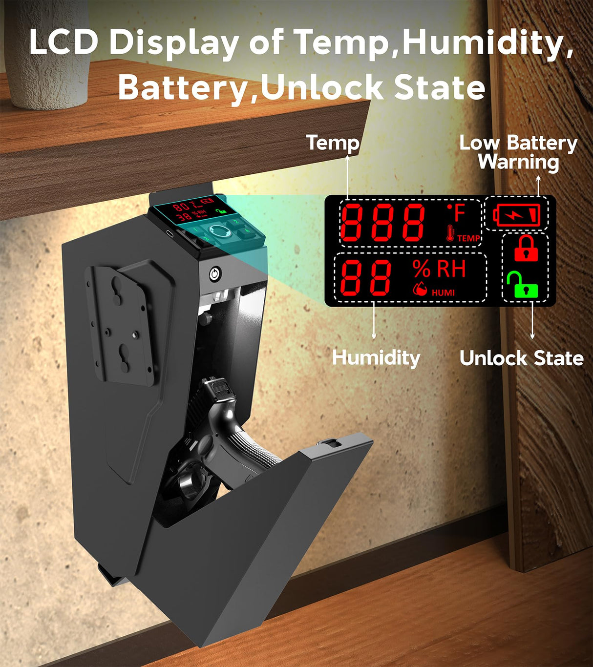 QINGENO Quick-Access Mounted Nightstand Handgun Gun Safe, Drop Down Auto Open Lid Smart Pistol Safe with Biometric Lock/Keypad Lock/Key Lock (QG8002F Biometric) QINGENO