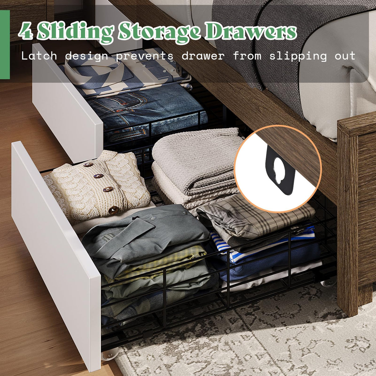 AMERLIFE Queen Size Bed Frame with 49.2" Tall Bookcase Headboard and LED Light, Rustic Platform Bed with Charging Station and 4 Storage Drawers, No Box Spring Needed, Rustic Brown AMERLIFE