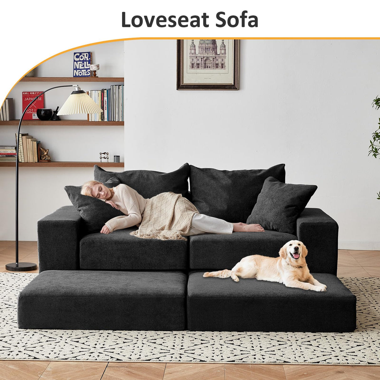 Modular Sectional Loveseat Cloud Sofa, Boneless Couch with Non Slip Base, Modern Sleeper Sofa for Customizable Living Spaces, Cozy Modular Couch with L-Shape Chaise, Deep Seat & No Assembly, Black CozyMine