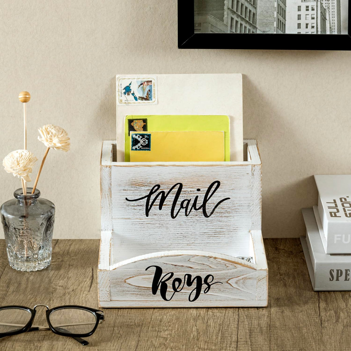MyGift Shabby Whitewashed Solid Wood Mail Holder and Key Organizer Entryway Storage Tray with Cursive Mail and Keys Word Design, Office Desktop Organizing Bin MyGift