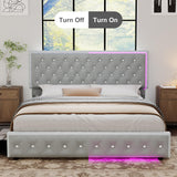 Torana Queen LED Bed Frame with 2 Drawers, Soft Velvet Platform Bed with Diamond Tufted Headboard Footboard and 2 Side Pockets, Mattress Foundation with Wooden Slats Support No Box Spring Needed, Grey Torana