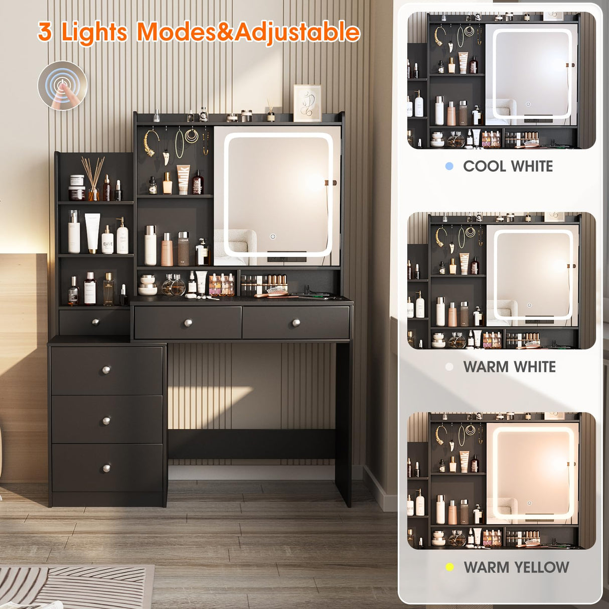 Vabches Vanity Desk with Mirror and Lights,Makeup Vanity with 6 Drawers and Shelves,Vanity Table with Power Outlet,Makeup Desk with Led Lighted Mirror in 3 Colors,for Bedroom,Black Vabches