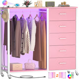 Cyclysio Dresser for Bedroom with Clothes Rack, 5 Drawers Dresser with Charging Station & LED Lights, Pink Storage Chest of Drawers with Wheels, Wooden Top, Lockable Wheels, Bedroom, Closet, Pink Cyclysio