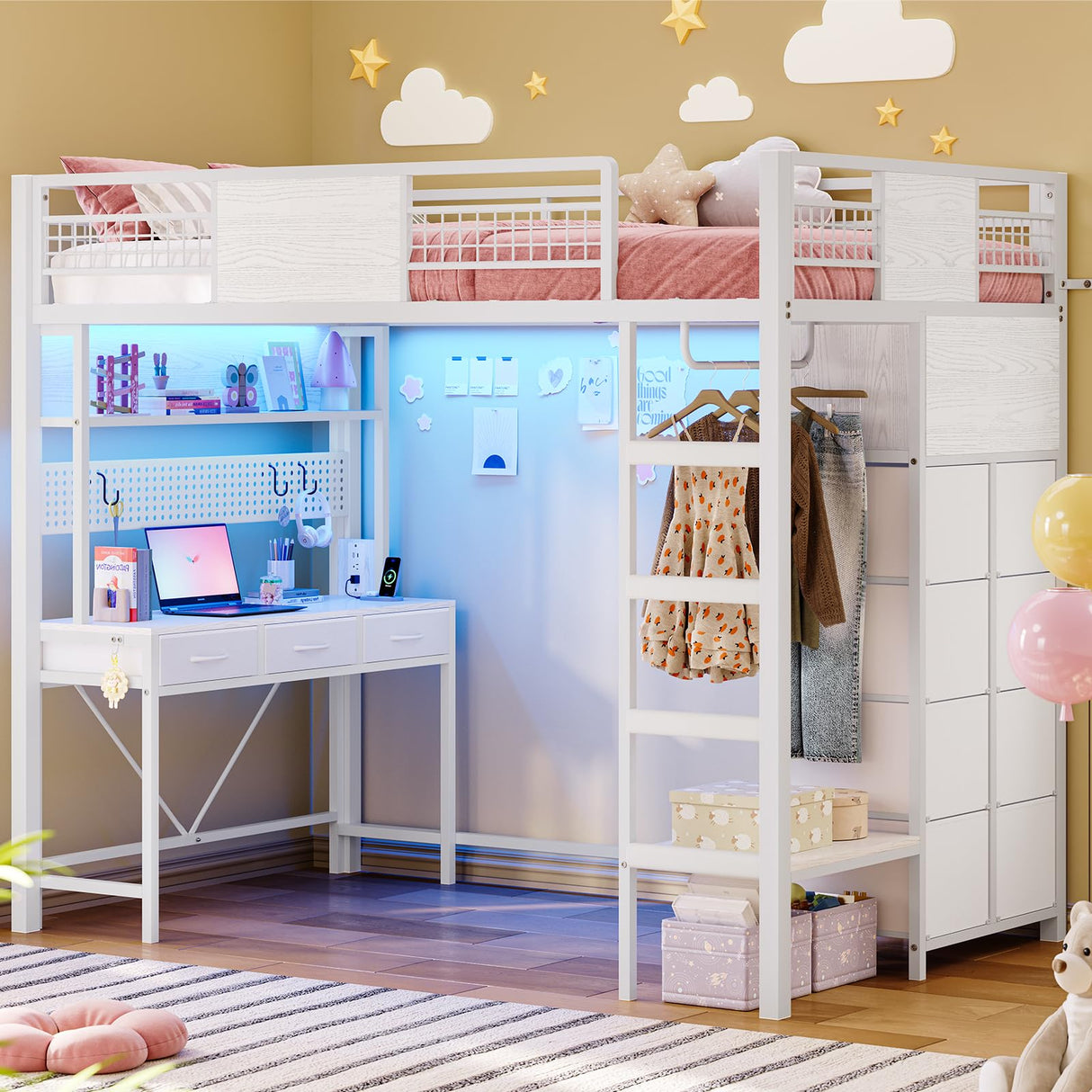 ADORNEVE Twin Size Loft Bed with Desk, 11 Storage Drawers & RGB LED Lights, Metal Loft Bed with Power Outlet, Shelves & Clothing Rack, 13.4" H Safety Guard & Paded Ladder, White ADORNEVE
