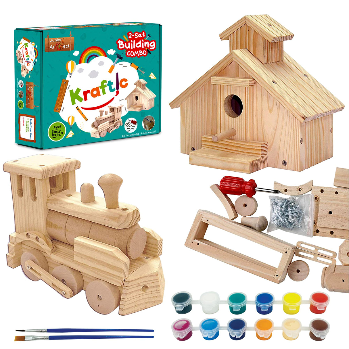 Kraftic Woodworking Building Kit for Kids and Adults, 2 Educational DIY Carpentry Construction Wood Model Kit Toy Projects for Boys and Girls - Build a Wooden Town Hall Birdhouse and Train Kraftic