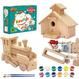 Kraftic Woodworking Building Kit for Kids and Adults, 2 Educational DIY Carpentry Construction Wood Model Kit Toy Projects for Boys and Girls - Build a Wooden Town Hall Birdhouse and Train Kraftic