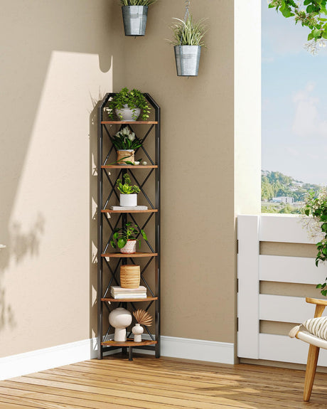CHOEZON 6-Tier Corner Shelf, Industrial Corner Bookshelf, 71.2" Corner Storage Stand, Plant Stand Display Shelf, Corner Bookcase for Bedroom, Living Room, Home Office, Rustic Brown and Black TCJ11BF CHOEZON