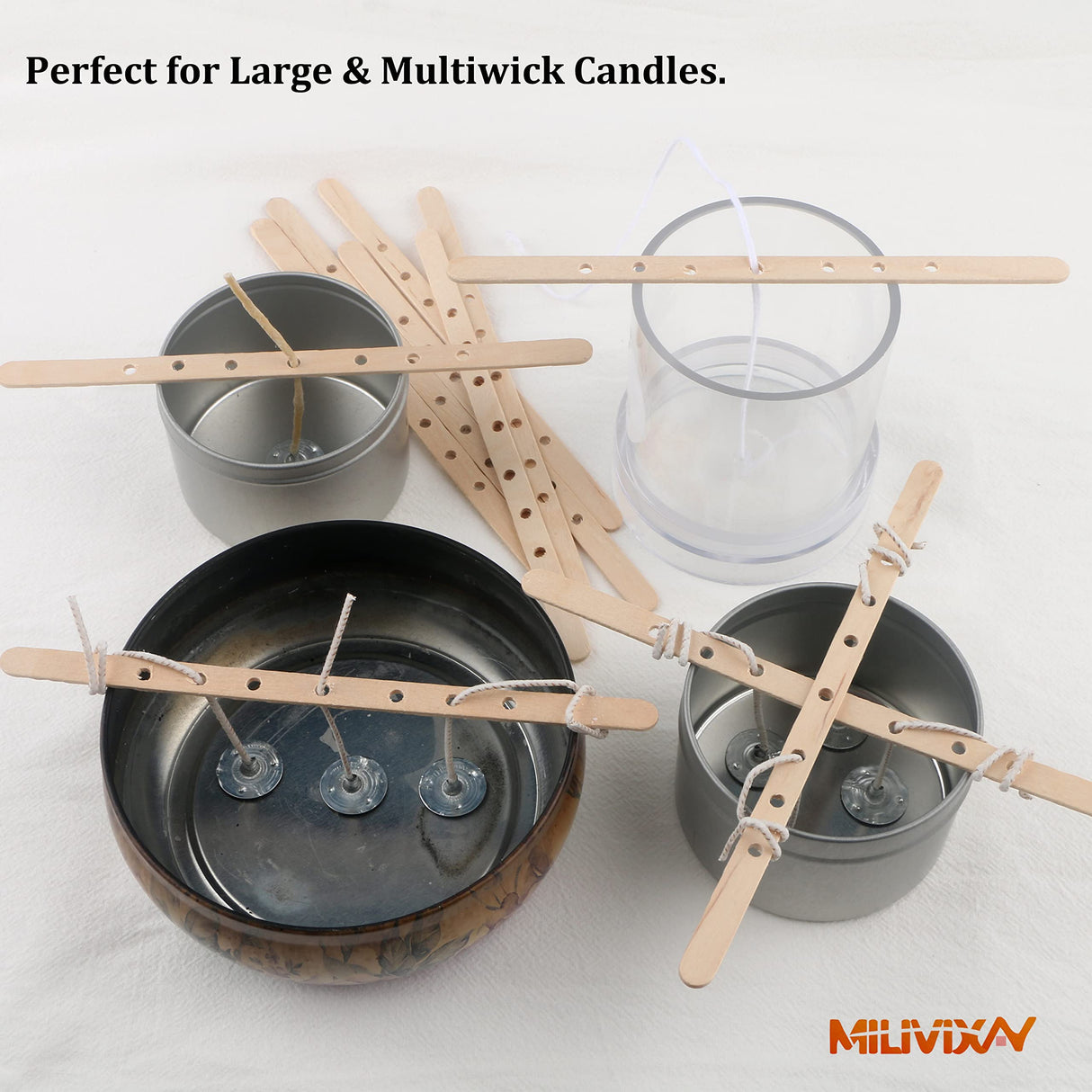 MILIVIXAY 100pcs Wooden Wick Holders - Candle Wicks Centering Device for Large & Multiwick Candles. MILIVIXAY