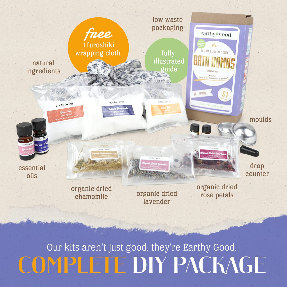 Earthy Good DIY Bath Bomb Kit With Organic Ingredients 100% Natural Includes: Essential Oils, Dried Rose, Chamomile & Lavender, Molds, Guide & More- Includes Furoshiki Cloth- Makes 10 Mini Bath Bombs Kiss Naturals
