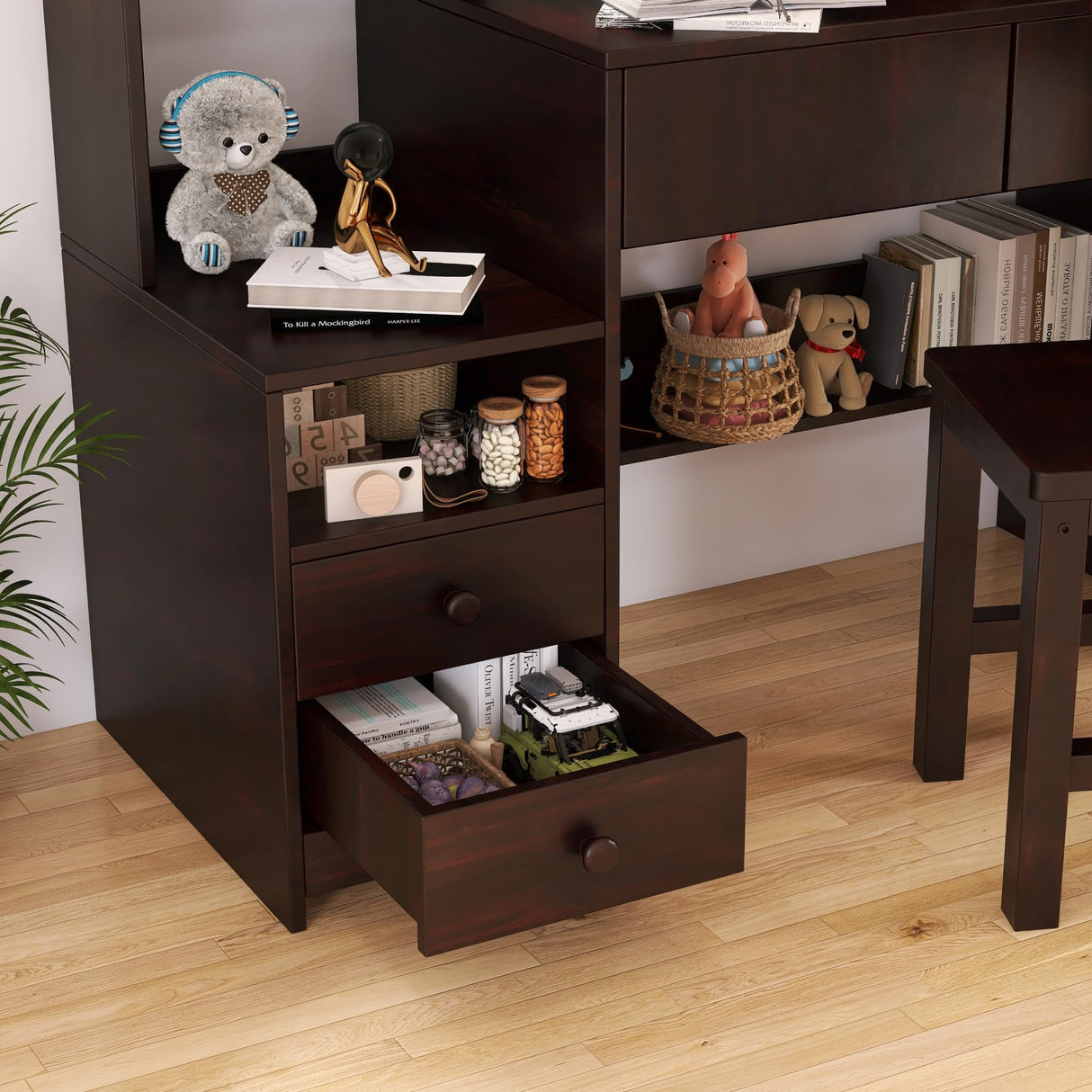 RUPOLX Espresso Kids Desk and Chair Set for 5-12 Year Old, Childrens Computer Desk with 4 Drawers, Kids Study Table with Storage Shelf -IxX-40 RUPOLX