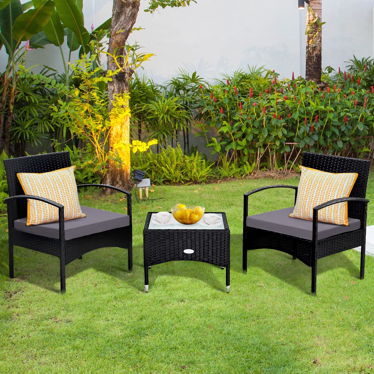 COSTWAY 3 PCS Patio Wicker Conversation Set, PE Rattan Sofa with Tempered Glass Coffee Table, 2 Chairs, 2 Cushions, Outdoor Patio Furniture Set for Yard Porch Bistro Balcony Backyard Pool, Gr - WoodArtSupply