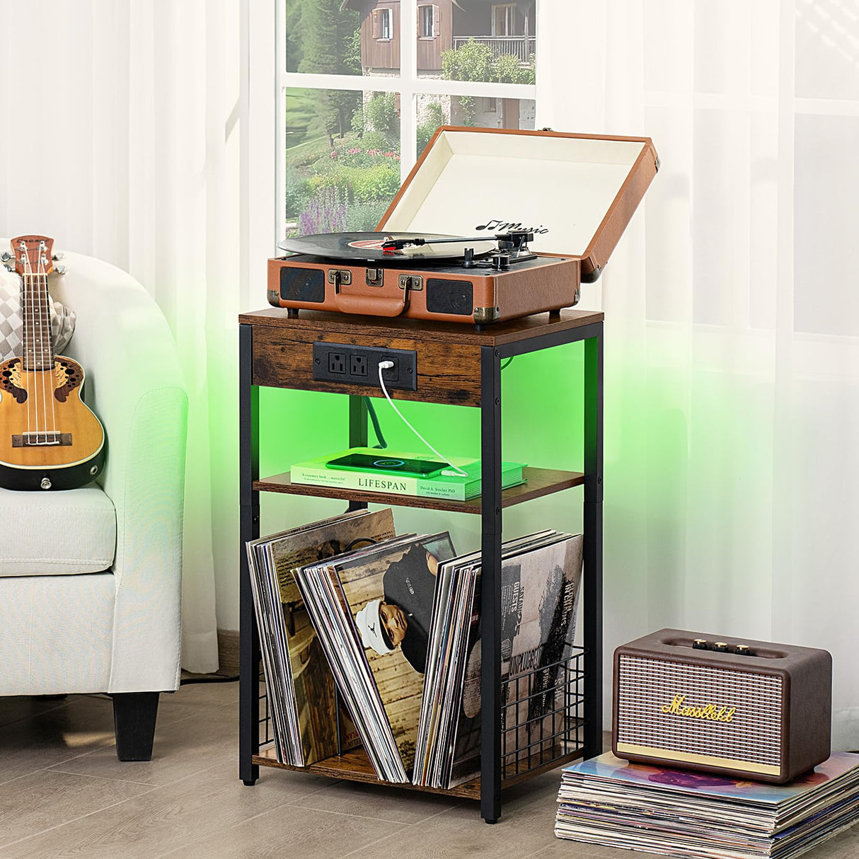 LELELINKY Brown Record Player Stand with LED Light & Charging Station LELELINKY