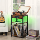 LELELINKY Brown Record Player Stand with LED Light & Charging Station LELELINKY