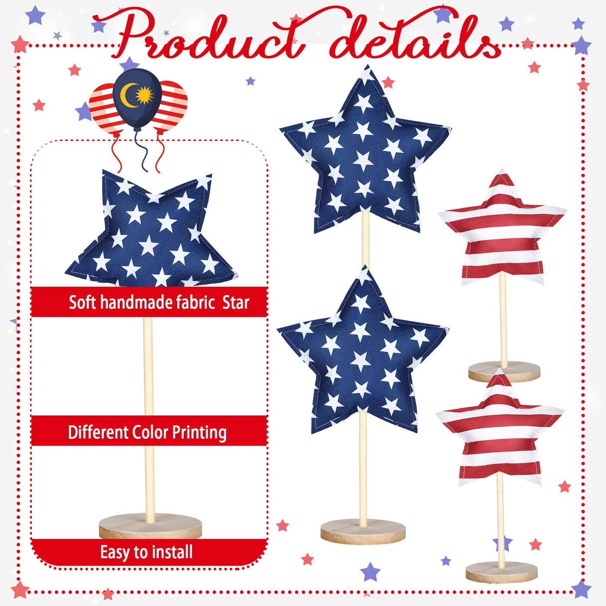 Bucherry 5 Set 4th of July Decoration Patriotic Fabric Star Ornaments Independence Day Wood Sign Star Wooden Stand Memorial Labor Day Tiered Tray Decor American Table Decor(Classic Style) Bucherry
