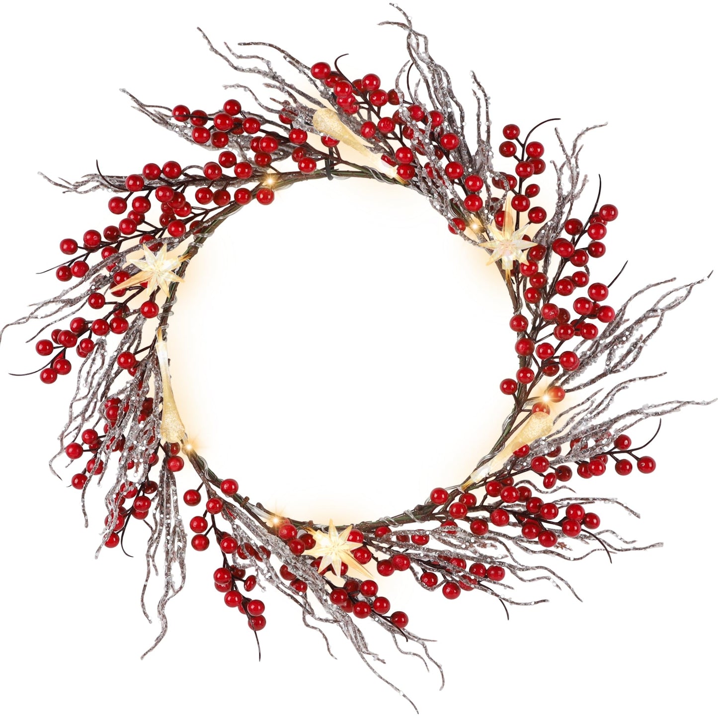 DR.DUDU 22 Inches Lighted Christmas Wreath for Front Door, Battery Operated Red Berry Artificial Wreaths with Light up Snowflakes Ornaments, Christmas Decorations for Home Mantle Holiday Party