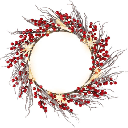 DR.DUDU 22 Inches Lighted Christmas Wreath for Front Door, Battery Operated Red Berry Artificial Wreaths with Light up Snowflakes Ornaments, Christmas Decorations for Home Mantle Holiday Party