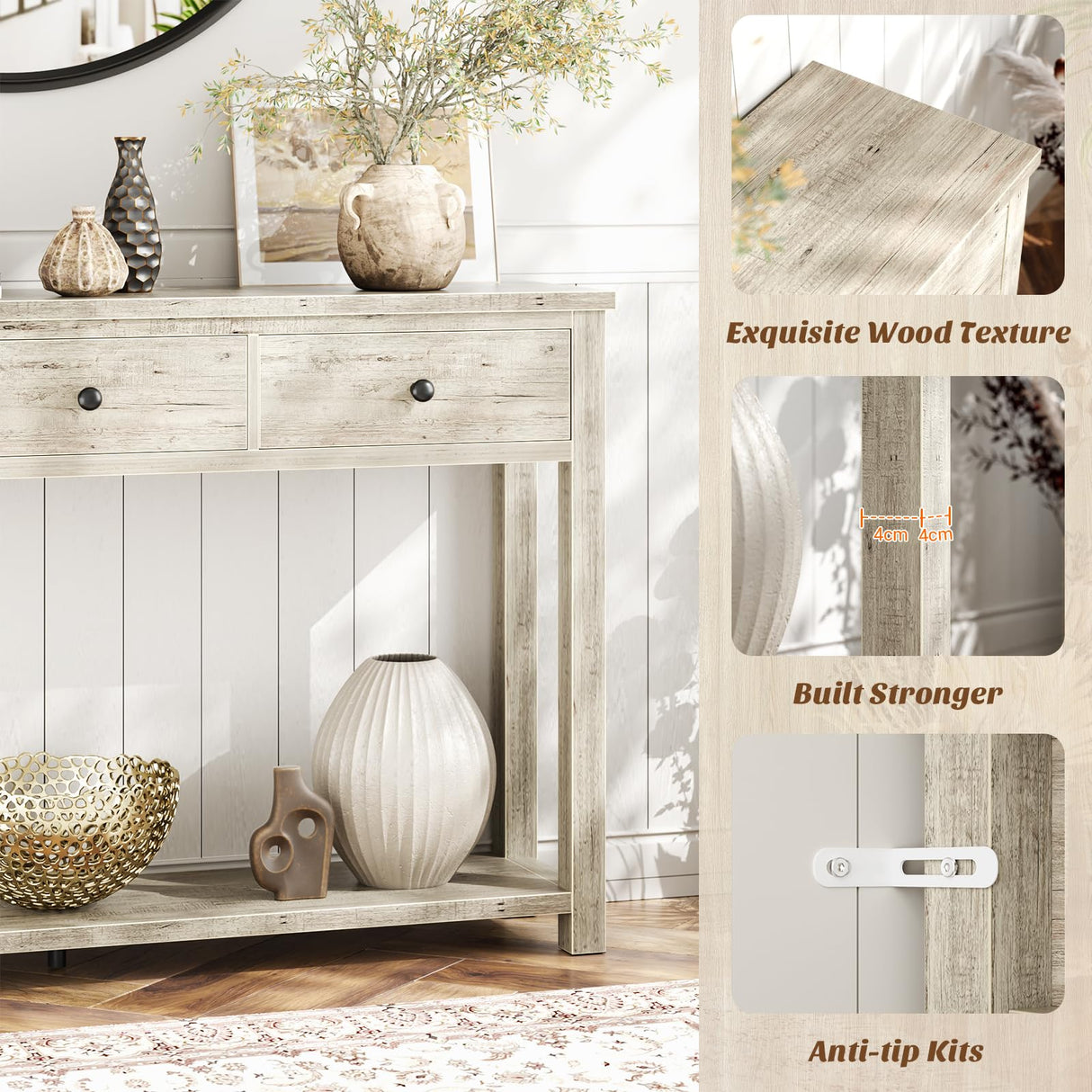 Homieasy Farmhouse Console Table with 3 Drawers, 47 Inch Wood Sofa Table with Storage Shelf for Living Room, Behind Couch, Entryway Table for Hallway, Living Room, or Foyer, Light Rustic Oak Homieasy