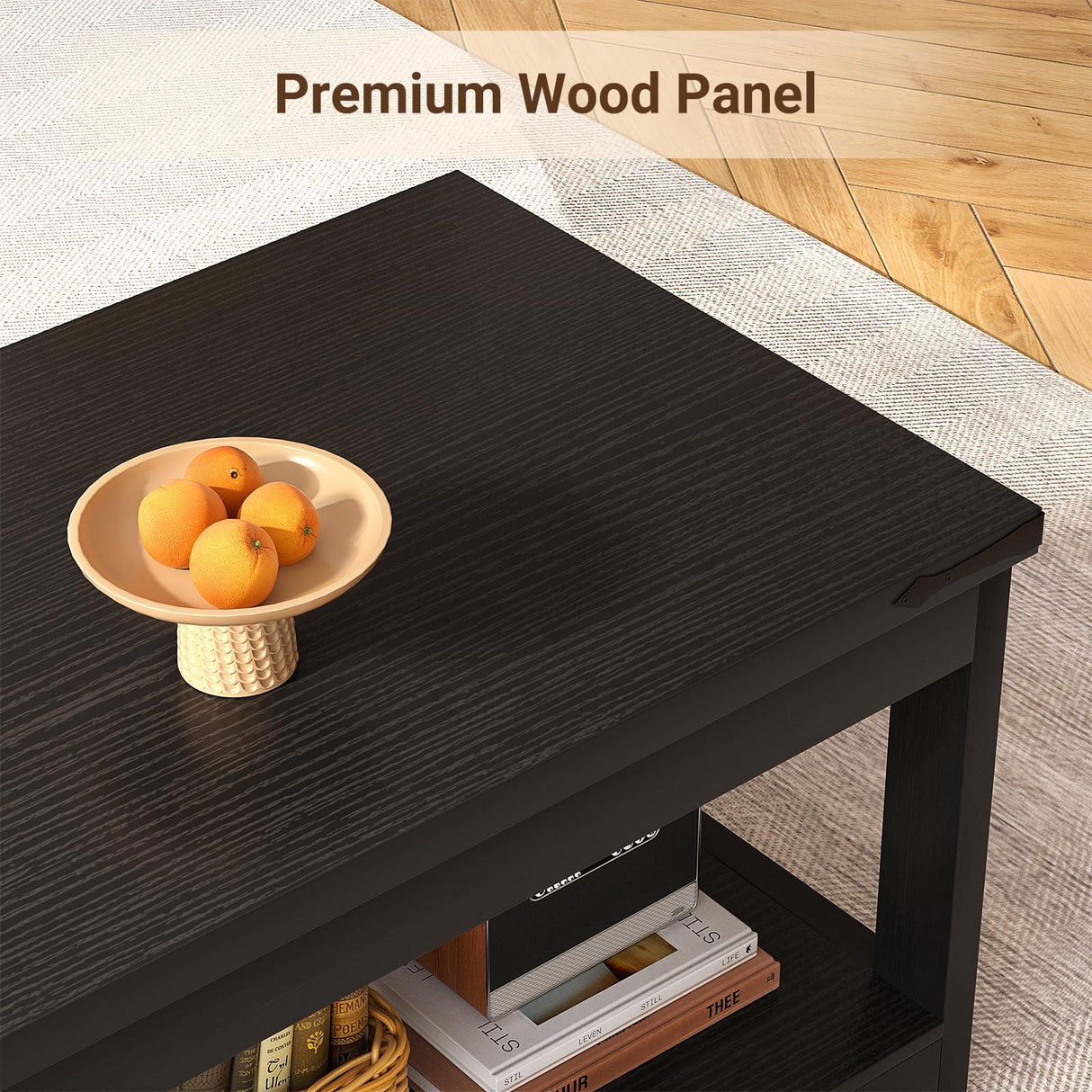 Homieasy Coffee Table with Storage Shelf, 43.3” Farmhouse Wood Coffee Tables for Living Room, Modern Center Tea Table, Black