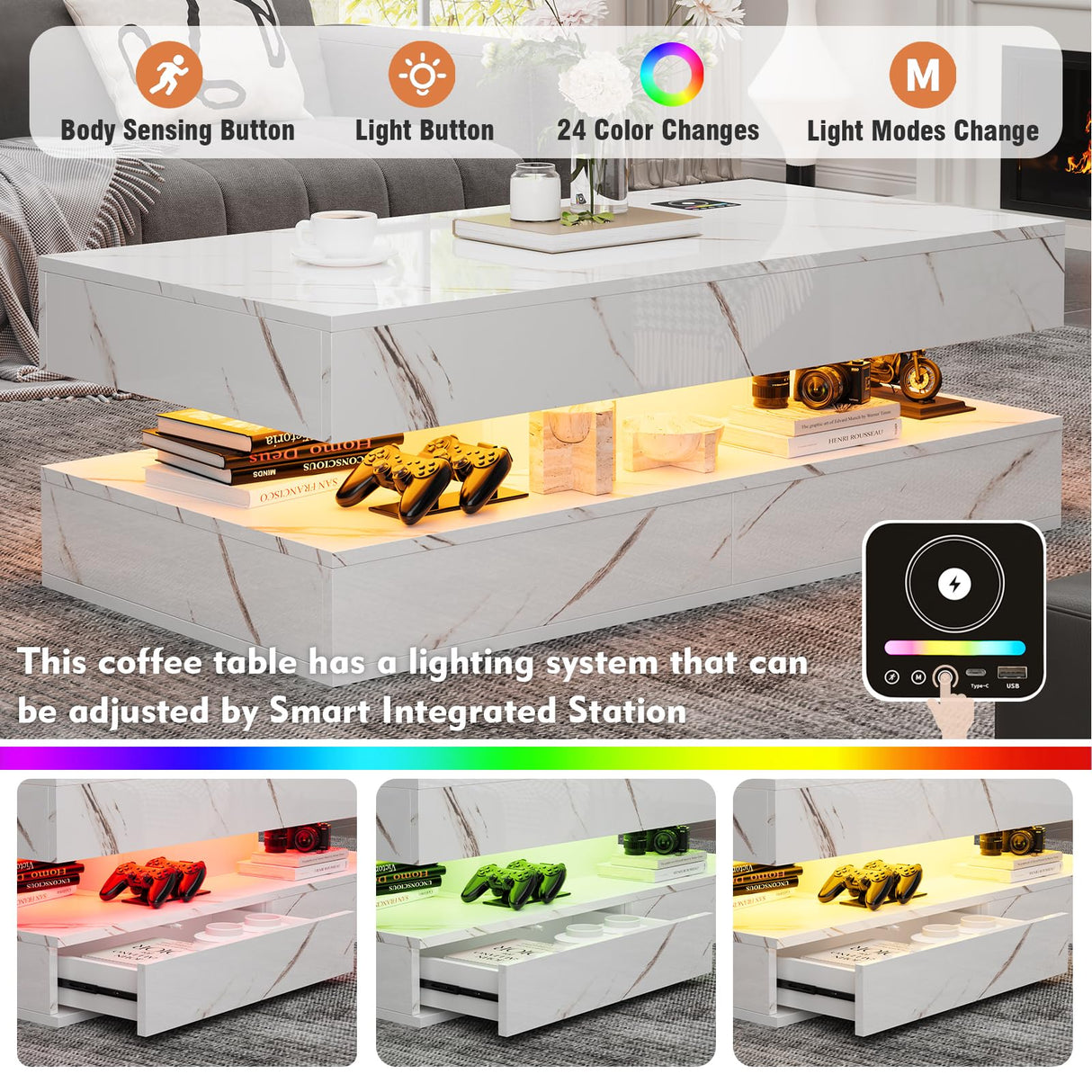 Buenhomino 47" Modern LED Coffee Table with 2 Drawers, High Glossy Double-Layer Center Table with Wireless Charging and Built-in Bluetooth Speaker Smart Table for Living Room with Marbling White Buenhomino