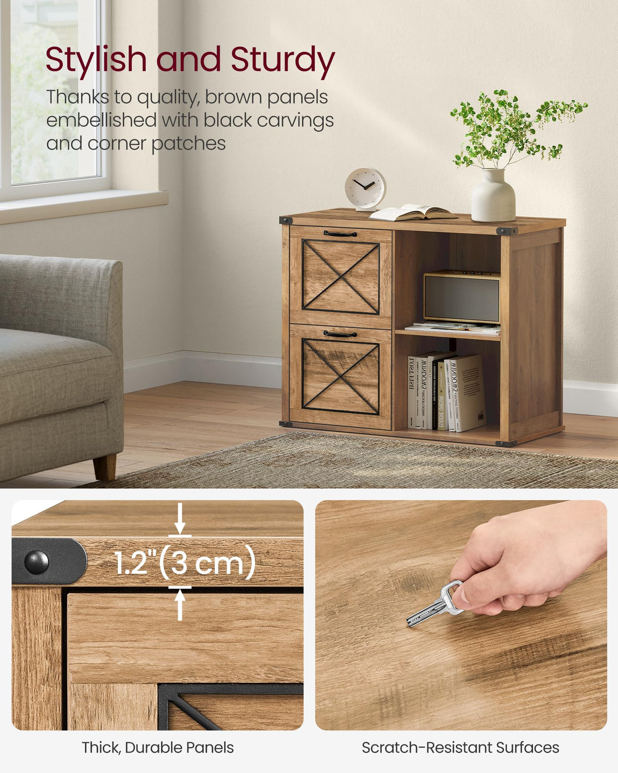 VASAGLE Lateral File Cabinet, Filing Cabinet with 2 Drawers, Printer Stand, 2 Open Compartments, Fit A4, Letter Size, Hanging File Folders, for Home Office, Farmhouse Style, Honey Brown UOFC049T41 VASAGLE