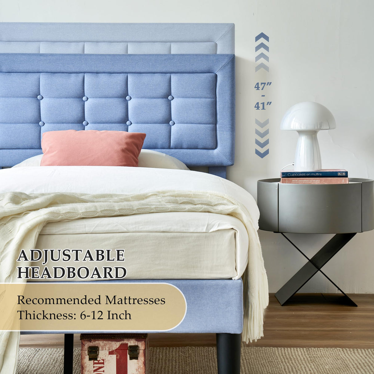 VECELO Twin Size Bed Frame with Adjustable Headboard, Upholstered Button Tufted Platform Bedframe with Wood Slats Support, No Box Spring Needed, Light Blue VECELO