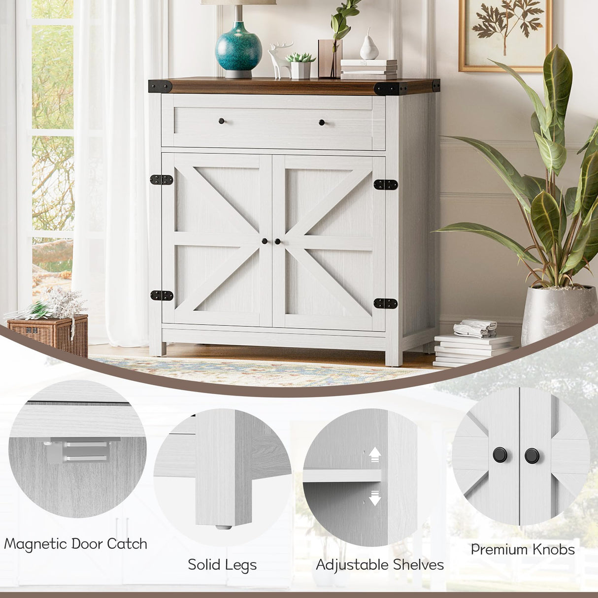 Flamaker Sideboard Buffet Cabinet with Storage, Farmhouse Coffee Bar Cabinet with 1 Drawer and 2 Barn Doors, Barn Door Console Table, Storage Cabinet for Kitchen, Dining Room, Entryway (White) Flamaker