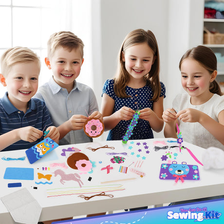 Play Brainy 7 in 1 Sewing Kits for Kids 8-12 - 14 Piece Sewing Kit for Beginners, Creative Arts & Crafts Kids Activity - DIY Make Your Own Pencil Case, Unicorn, & More - Play & Learn Sewing Kit Kids Play Brainy