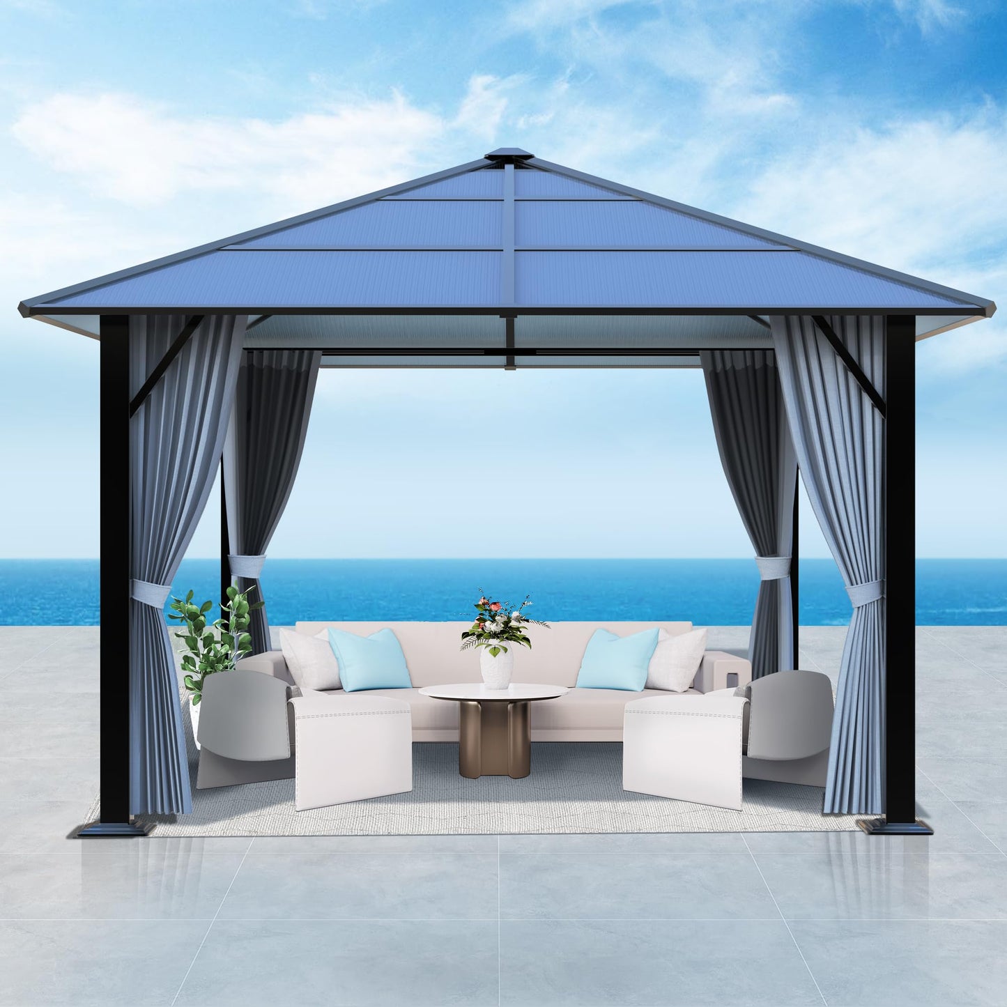 GARTOO 10'x10' Hardtop Gazebo, Outdoor Gazebo with Translucent Roof, Polycarbonate Top Metal Frame Garden Tent with Breathable Mesh and Privacy Curtains for Patio Lawn Garden Backyard, Gray - WoodArtSupply