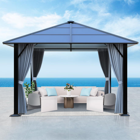 GARTOO 10'x10' Hardtop Gazebo, Outdoor Gazebo with Translucent Roof, Polycarbonate Top Metal Frame Garden Tent with Breathable Mesh and Privacy Curtains for Patio Lawn Garden Backyard, Gray GARTOO