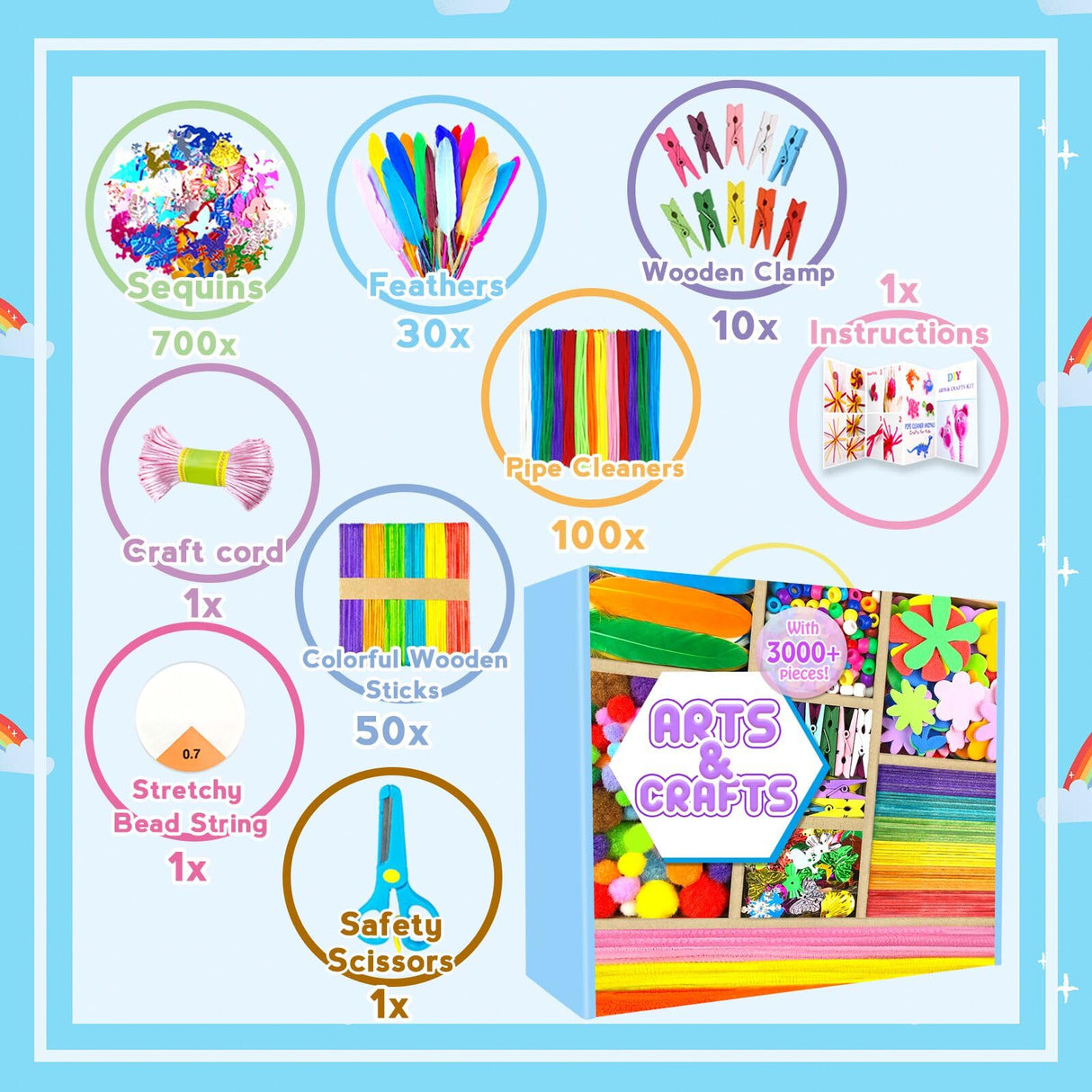 Arts and Crafts Supplies for Kids - 3000Pcs Craft Kit with Pipe Cleaners Crafts for Kids All in Art Crafting Box DIY School Supplies Materials Set Toys Gifts for Girls Boys Age 4 5 6 7 8 9 10 11 & 12 ZEIZHUBN