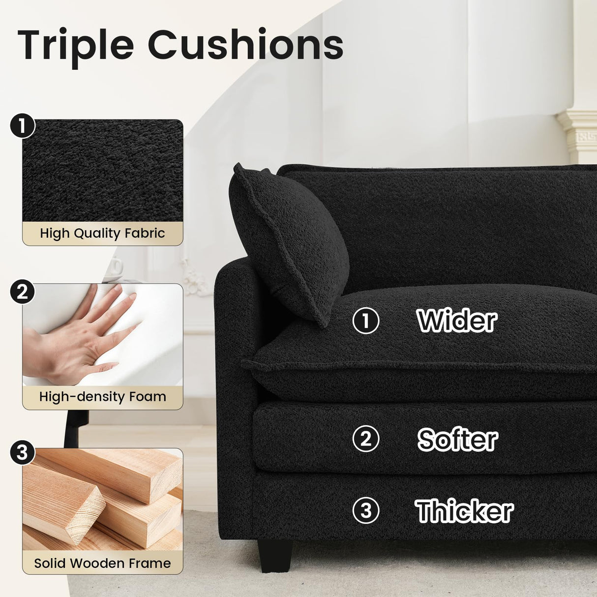 ROWHY Oversized Modular Sectional Couch with Movable Ottoman, 112" Modern Convertible L Shaped Sofa Set, 4 Seat Comfy Cloud Couch with 2 Throw Pillows, for Living Room and Office, Chenille, Black ROWHY