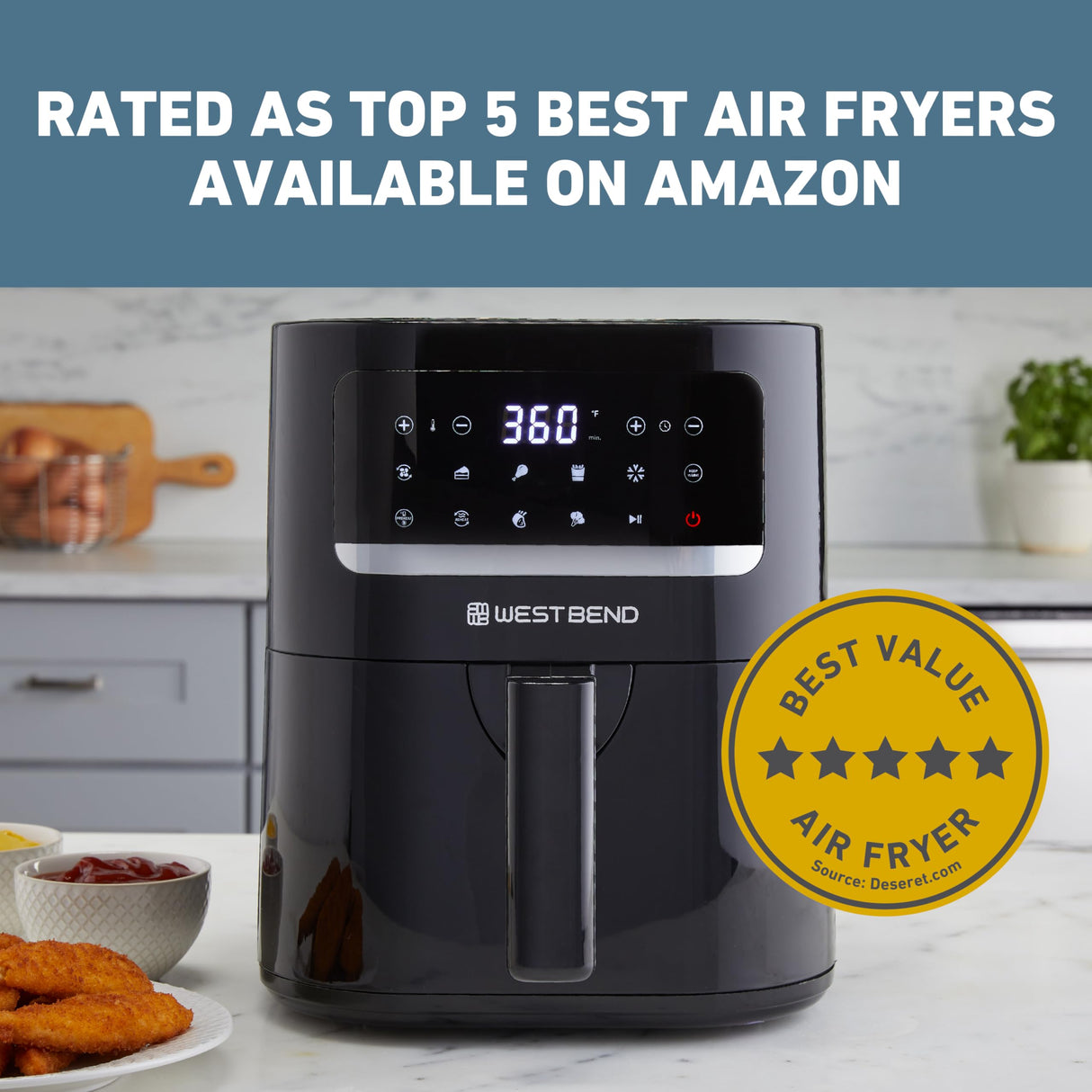 West Bend Compact Air Fryer 5-Quart Capacity with Digital Controls and 10 Cooking Presets, Nonstick Frying Basket, 1500-Watts, Black West Bend