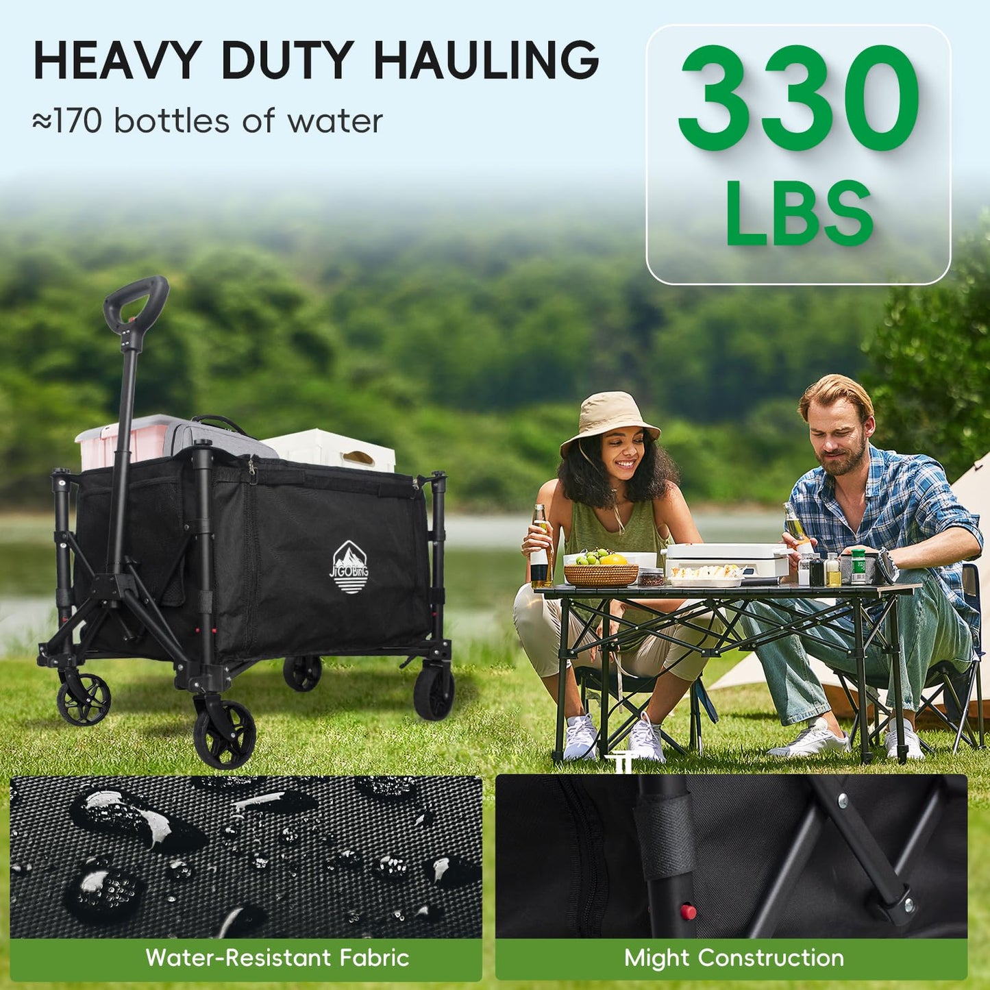 JIGOBING Collapsible Wagon, Portable Folding Wagon Cart with Wheels Foldable, 330lbs Heavy Duty Beach Wagon Outdoor Utility Cart with Dual Side Zipper, Cup Holders for Grocery Camping Garden Sports